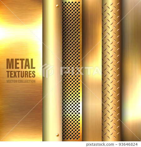 Realistic brushed metal textures set. Polished stainless steel background. Vector illustration. 93646824