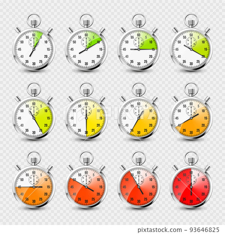Realistic classic stopwatch icons. Shiny metal chronometer, time counter with dial. Red countdown timer showing minutes and seconds. Time measurement for sport, start and finish. Vector illustration 93646825