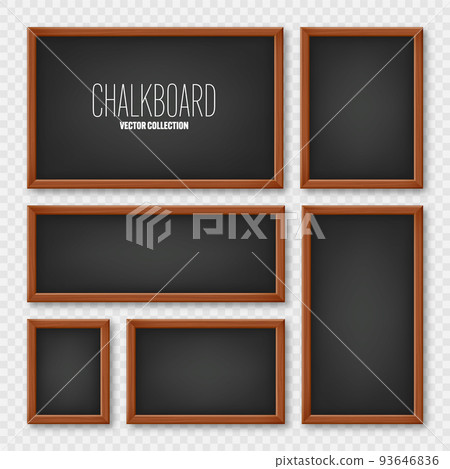 Realistic various chalkboards in a wooden frame. Black restaurant menu board. School blackboard, writing surface for text or drawing. Blank advertising or presentation boards. Vector illustration 93646836