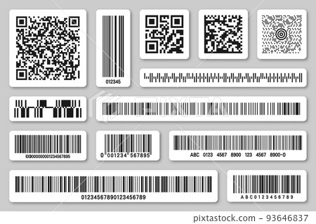 Set of product barcodes and QR codes. Identification tracking code. Serial number, product ID with digital information. Store or supermarket scan labels, price tag. Vector illustration. Set of product barcodes and QR codes. Identification tracking code. Serial number, product ID with digital information. Store or supermarket scan labels, price tag. Vector illustration. 93646837
