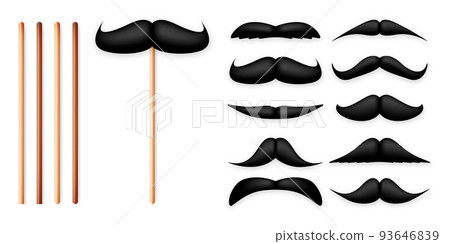 Realistic black mustache on a wooden stick. Fake paper mustache isolated on white background. Fashionable facial hair. Vintage design element. Creative vector illustration. 93646839