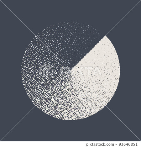 Round shaped dotted object, stipple elements. Fading gradient. Stippling, dotwork drawing, shading using dots. Pixel disintegration, halftone effect. White noise grainy texture. Vector illustration 93646851