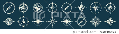 Vintage marine wind rose, nautical chart. Monochrome navigational compass with cardinal directions of North, East, South, West. Geographical position, cartography and navigation. Vector illustration. Vintage marine wind rose, nautical chart. Monochrome navigational compass with cardinal directions of North, East, South, West. Geographical position, cartography and navigation. Vector illustration. 93646853