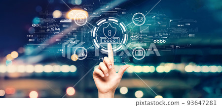 Cyber security theme with hand pressing a button Cyber security theme with hand pressing a button 93647281