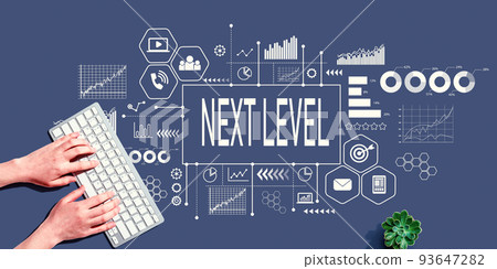 Next level concept with person using pc keyboard Next level concept with person using pc keyboard 93647282