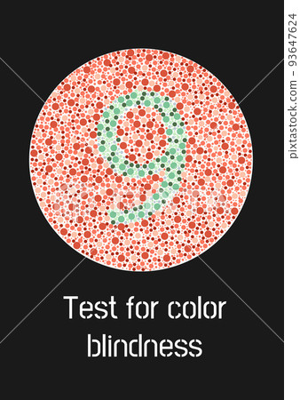 Ishihara test for color blindness. Color blind test. Green number 9 for colorblind people. Vision deficiency. Vector illustration. Ishihara test for color blindness. Color blind test. Green number 9 for colorblind people. Vision deficiency. Vector illustration. 93647624