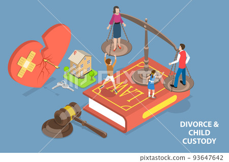 3D Isometric Flat Vector Conceptual Illustration of Child Custody In Divorce 93647642