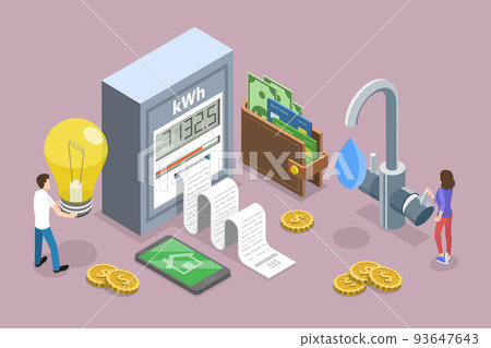 3D Isometric Flat Vector Conceptual Illustration of Water And Electricity Consumption Expenses 93647643