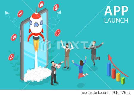 3D Isometric Flat Vector Conceptual Illustration of App Launch 3D Isometric Flat Vector Conceptual Illustration of App Launch 93647662