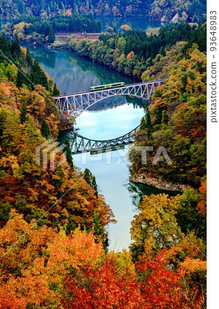Tadami Line Kiha E120 train crossing the No. 1 Tadami River Bridge in autumn colors (Mishima Town, Fukushima Prefecture, early November) 93648983