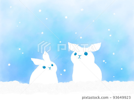 A simple illustration of a rabbit looking up at the snowy sky (watercolor) 93649923