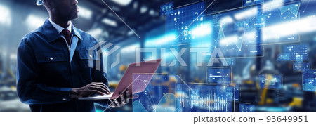 Engineer inspecting the factory and digital data image Horizontal visuals for banners and advertisements Engineer inspecting the factory and digital data image Horizontal visuals for banners and advertisements 93649951