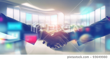 Businessman shaking hands and technology image Horizontal visual for banners and advertisements 93649980