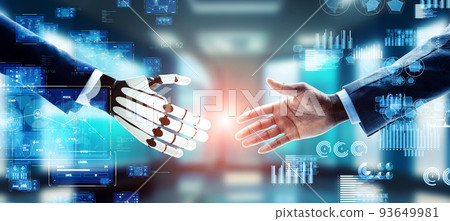 Humans and robots shaking hands, AI/artificial intelligence, horizontal visuals for banners/advertisements 93649981