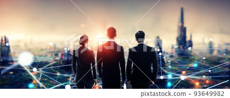 Image of people looking at the city and communication network Horizontal visuals for banners and advertisements 93649982