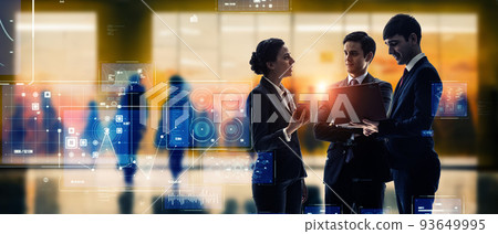 Business group and digital data talking in the lobby Horizontal visuals for banners and advertisements 93649995