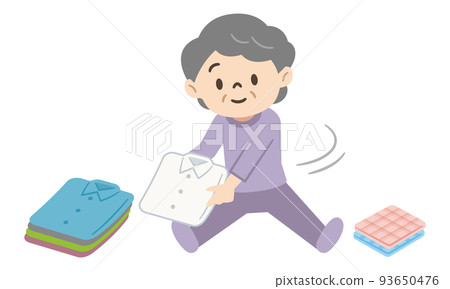 Senior woman folding laundry while stretching Senior woman folding laundry while stretching 93650476