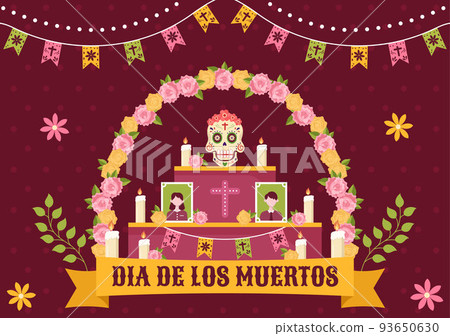 Dia De Los Muertos or Day of the Dead Template Hand Drawn Cartoon Flat Illustration Mexican Holiday Festival with Tattoo Skulls, Maracas and Sombrero 93650630