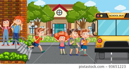 Outdoor scene with school bus and student 93651223