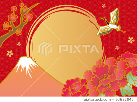 Red Japanese pattern background of Mt. Fuji, peony and crane 93652043