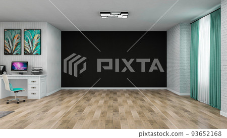 Stylish home office room with clean empty black wall, realistic 3D Illustration of the interior, suitable for using in video conference and as a virtual background. Stylish home office room with clean empty black wall, realistic 3D Illustration of the interior, suitable for using in video conference and as a virtual background. 93652168