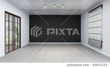 Stylish modern grunge room with clean empty black wall, realistic 3D Illustration of the interior, suitable for using in video conference and as a virtual background. 93652225