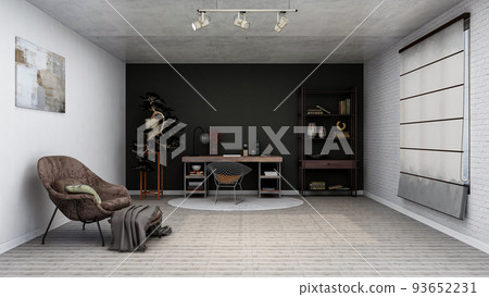 USA - August 17, 2022: Stylish industrial home office room, realistic 3D Illustration of the interior, suitable for using in video conference and as a virtual background. 93652231