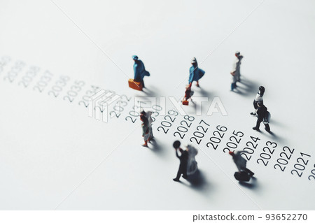 Miniature people walking beside chronology 93652270