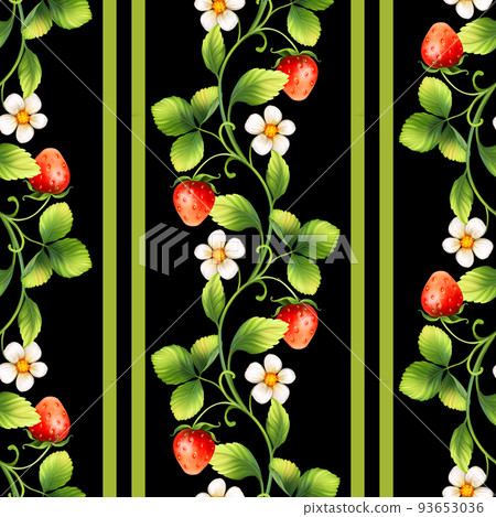 Strawberry with flowers, wild berries, leaves. Seamless pattern on black background. 93653036