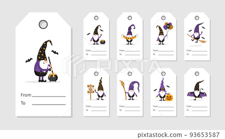 Set of Halloween sale tags with cute scandinavian gnomes. Spooky night discount. Vector illustration in cartoon style. Holiday backgrounds with festive elves Set of Halloween sale tags with cute scandinavian gnomes. Spooky night discount. Vector illustration in cartoon style. Holiday backgrounds with festive elves 93653587