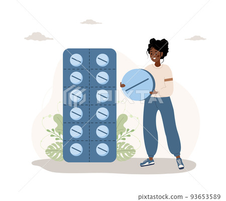 African woman with big pill. Meds in blisters. Antidepressants, vitamins and hormonal medications. Pharmacology and medical treatment. Vector illustration in flat cartoon style African woman with big pill. Meds in blisters. Antidepressants, vitamins and hormonal medications. Pharmacology and medical treatment. Vector illustration in flat cartoon style 93653589