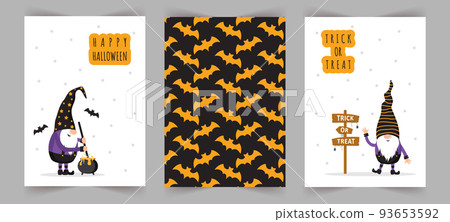 Set of Halloween greeting cards. Cute scandinavian gnomes. Spooky night party invitation, poster or flyer. Vector illustration in cartoon style. Holiday backgrounds with scary festive elements 93653592