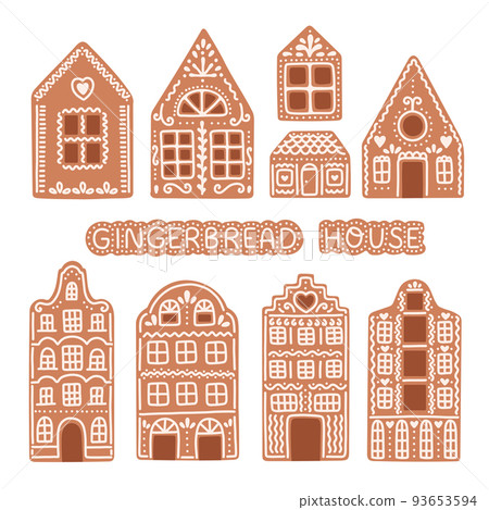 Set of isolated gingerbread houses. Traditional Christmas cookies. Vector flat illustration Set of isolated gingerbread houses. Traditional Christmas cookies. Vector flat illustration 93653594