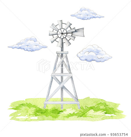 Windmill in the countryside landscape. Watercolor illustration. Hand drawn farm wooden windmill on the grass with clouds. Countryside agriculture element. Isolated on white background 93653754