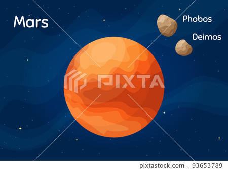 Flat space planet Mars vector illustration. Galaxy space objects art on starry dark blue horizontal background with flat style planet Mars and satelites Phobos and Deimos for universe game design 93653789