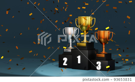 Gold champion trophy on winner 1, 2, 3 podium, stage for the first, second and third place, 3D rendering. Gold champion trophy on winner 1, 2, 3 podium, stage for the first, second and third place, 3D rendering. 93653831