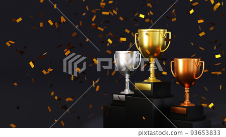 Gold champion trophy on winner 1, 2, 3 podium, stage for the first, second and third place, 3D rendering. Gold champion trophy on winner 1, 2, 3 podium, stage for the first, second and third place, 3D rendering. 93653833