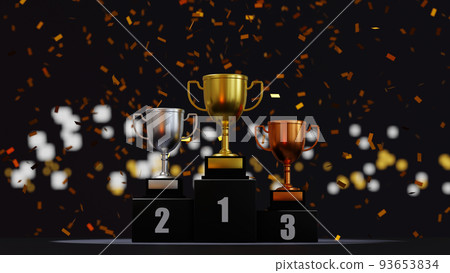 Gold champion trophy on winner 1, 2, 3 podium, stage for the first, second and third place, 3D rendering. Gold champion trophy on winner 1, 2, 3 podium, stage for the first, second and third place, 3D rendering. 93653834