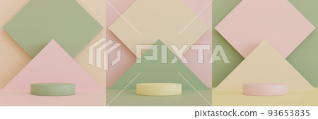 Set of cylinder podium pedestal with of pastel simple geometry shape wall, stage for product, 3D rendering. Set of cylinder podium pedestal with of pastel simple geometry shape wall, stage for product, 3D rendering. 93653835