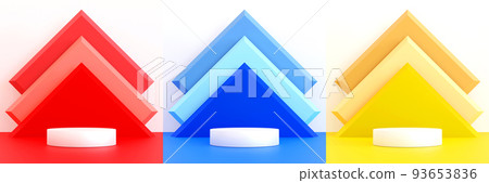 Set of cylinder podium pedestal with of simple geometry shape wall, stage for product, 3D rendering. Set of cylinder podium pedestal with of simple geometry shape wall, stage for product, 3D rendering. 93653836