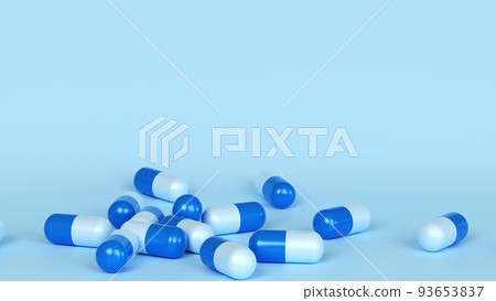 Falling antibiotic capsules out of the pill bottle, medical concept. 3D rendering. Falling antibiotic capsules out of the pill bottle, medical concept. 3D rendering. 93653837