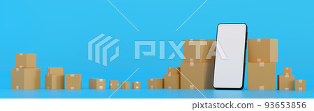 Mobile phone or smartphone with brown cardboard boxes parcel, online shopping, Template Horizontal Banner header for Website, 3D rendering. 93653856