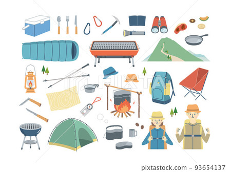 Set illustration of men and women enjoying camping and supplies 93654137