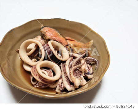 美味的煮魷魚和鮭魚 93654145