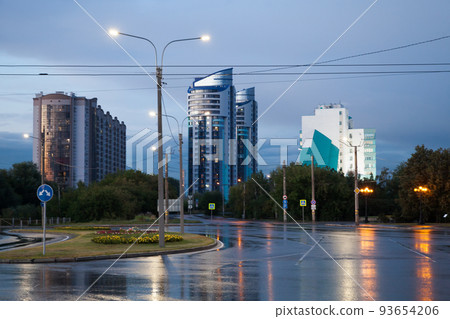 Night street view of Barnaul, Russia with modern block of flats Night street view of Barnaul, Russia with modern block of flats 93654206