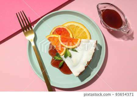 Concept of tasty food with pie with meringue, top view 93654371