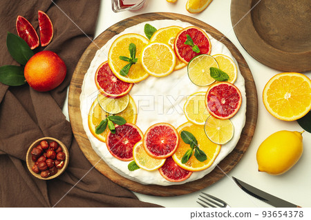 Concept of tasty food with pie with meringue, top view Concept of tasty food with pie with meringue, top view 93654378