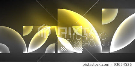 Shiny neon geometric abstract background. Glowing lights on round shapes, triangles and circles. Wallpaper for concept of AI technology, blockchain, communication, 5G, science, business 93654526