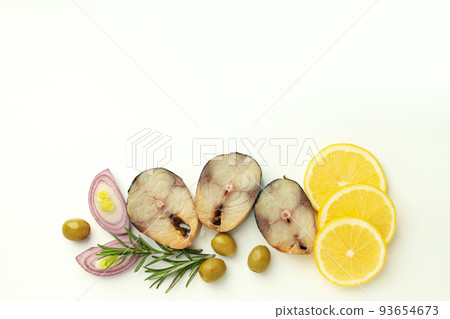 Concept of tasty food with smoked mackerel, space for text Concept of tasty food with smoked mackerel, space for text 93654673