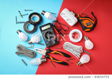 Concept of electrician or electrical tools, top view Concept of electrician or electrical tools, top view 93654755